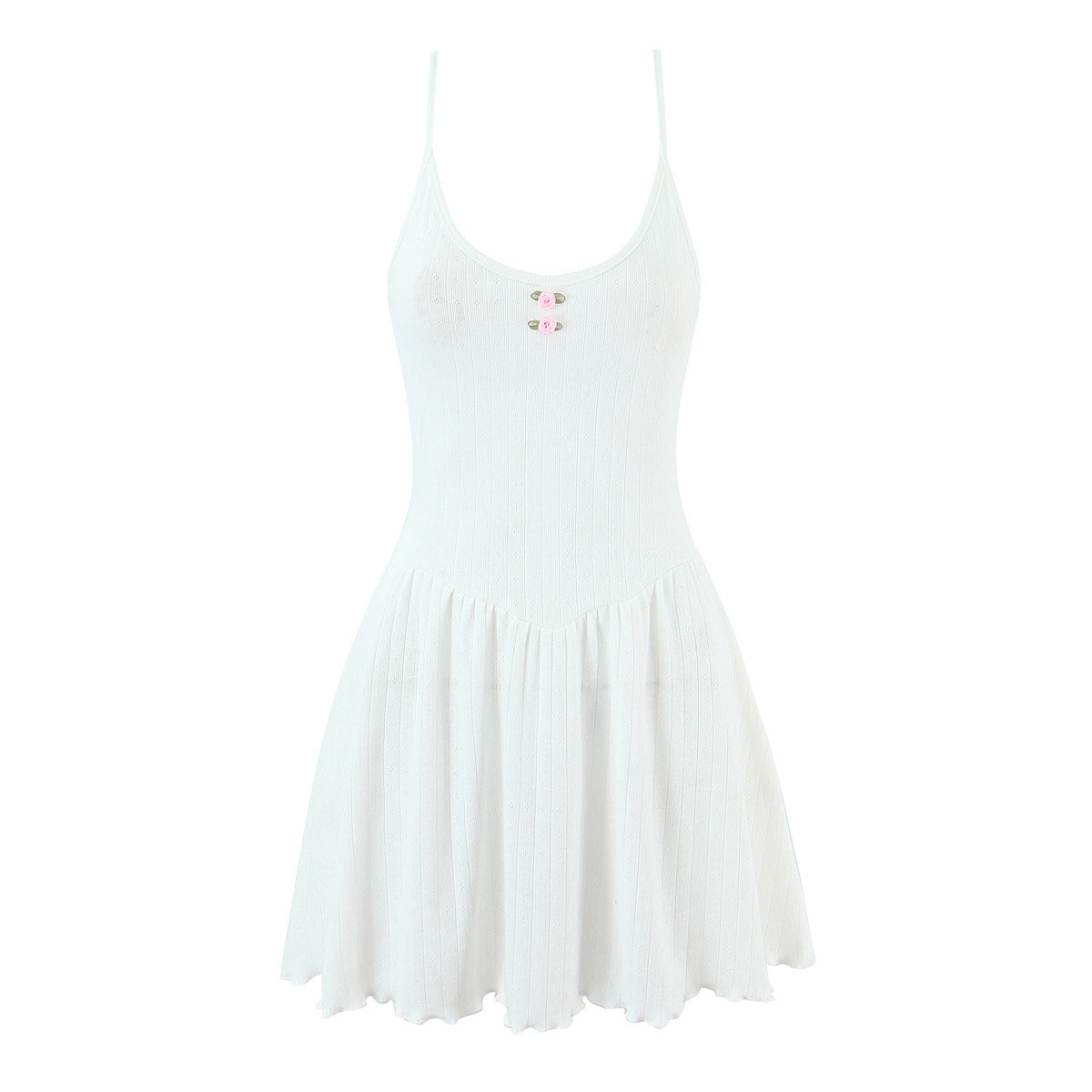 White cotton knit pink flower decor spaghetti strap flared mini dress size chart & fabric details, cotton material, beige white colors, S/M/L sizes bust waist length measurement specification, elegant sweet casual sundress