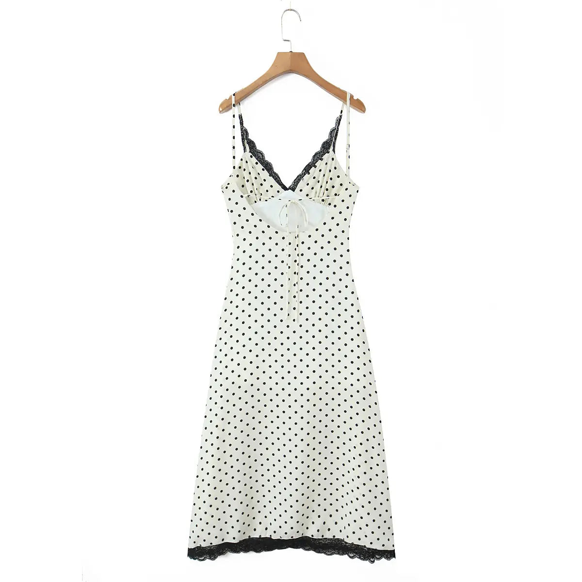 White crochet lace-trim maxi dress, back view on white background