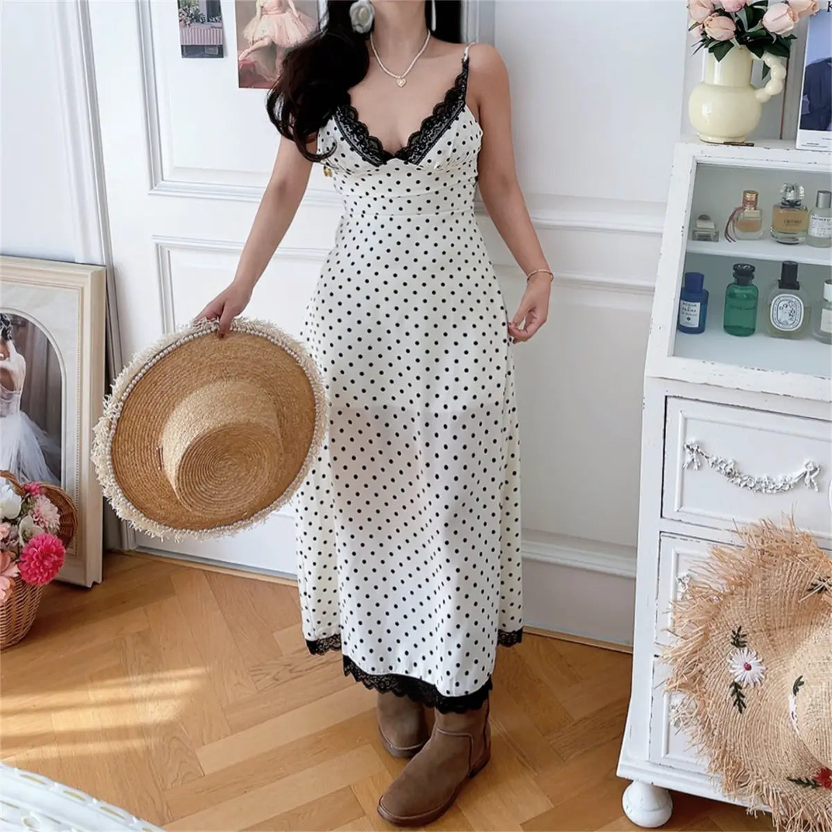 White Polka Dot Lace Trim Slip Maxi Dress