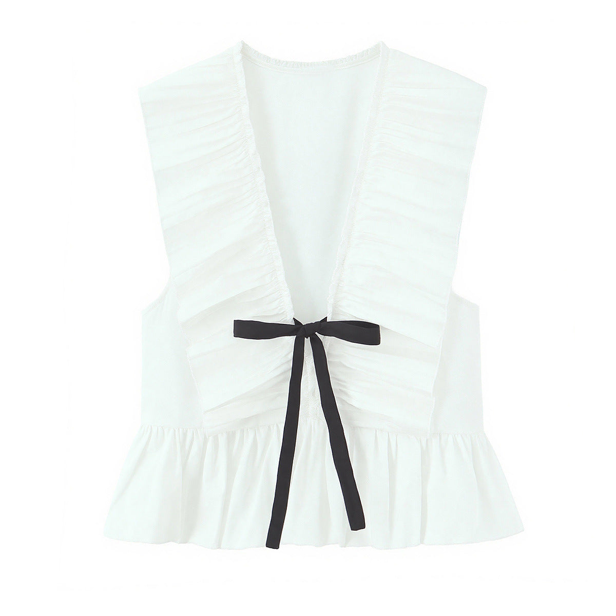 Front flat view white deep v neck ruffle collar black bow tie decoration ruffle hem sleeveless slim fit crop vest blouse, sweet french elegant casual top