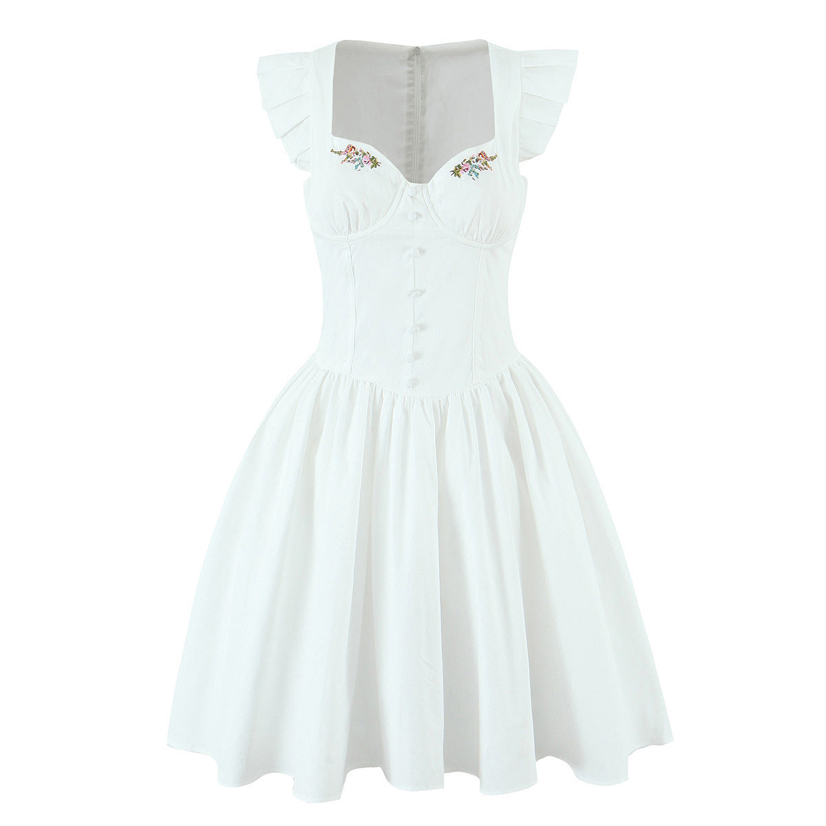 Front view of white corset-style mini dress with matching floral embroidery and ruffled cap sleeves