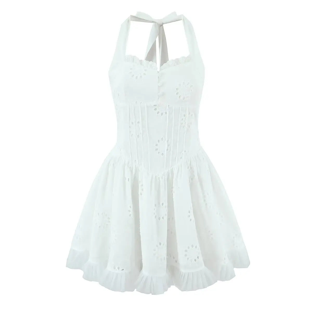 White eyelet embroidered halter mini dress, full front view on plain white background