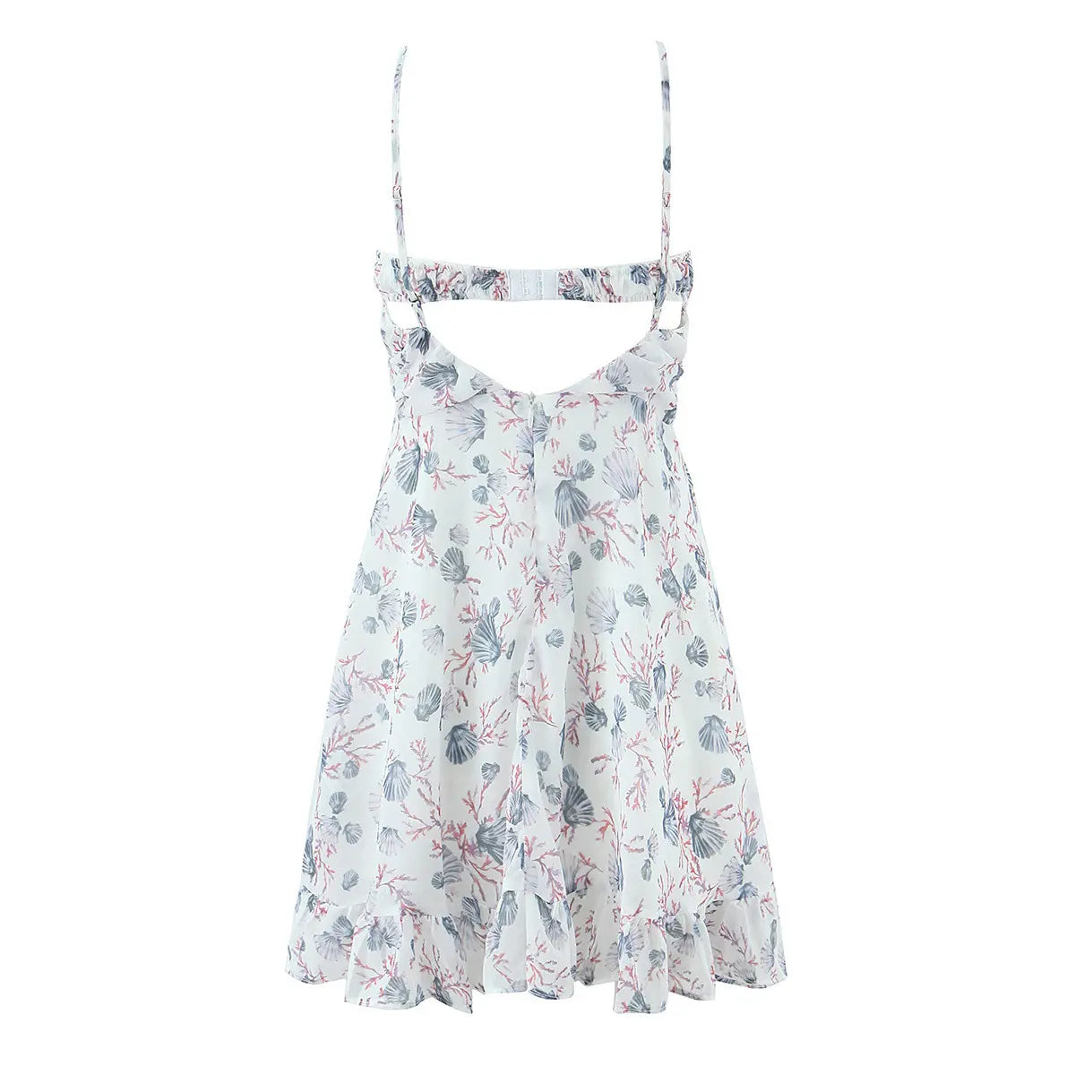 White floral print cami mini dress, back view on white background