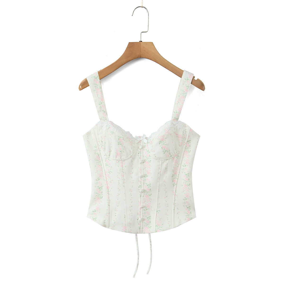 Hanger view of white floral print corset-style cami top with lace-up back detail
