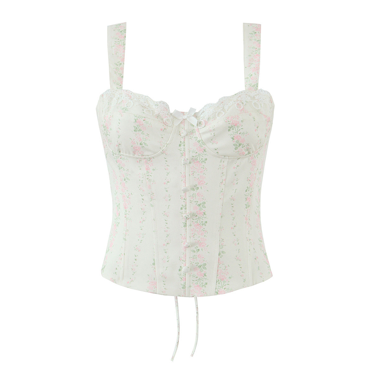 Front view of white floral print corset-style cami top with lace-trimmed bust and fitted boned silhouette