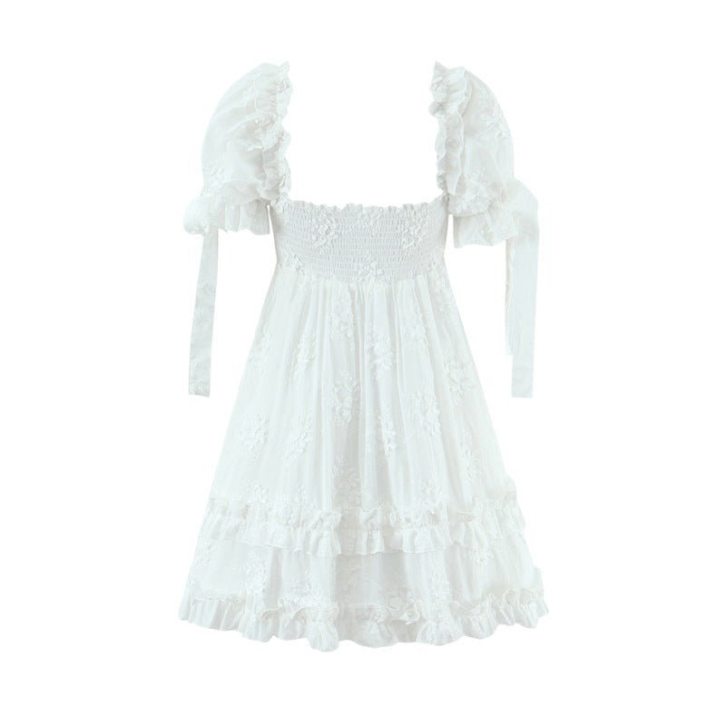 Back flat view white floral embroidered puff sleeve mini dress with smocked back, romantic feminine party outfit