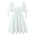 Front flat view white floral embroidered puff sleeve square neck mini dress with ruffle hem, women's romantic summer dress