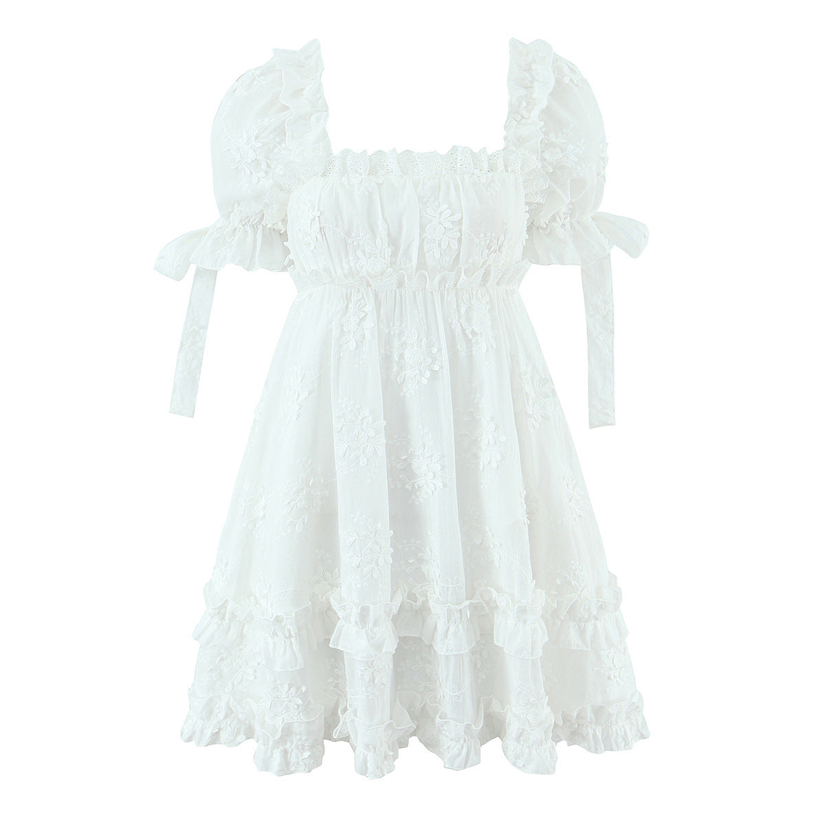 Front flat view white floral embroidered puff sleeve square neck mini dress with ruffle hem, women's romantic summer dress