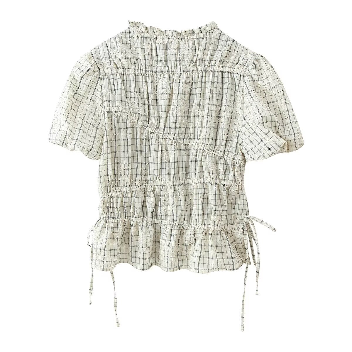 Back flat view white grid floral embroidery ruffle neck puff short sleeve side drawstring waist shirred crop blouse, elegant sweet casual vintage top
