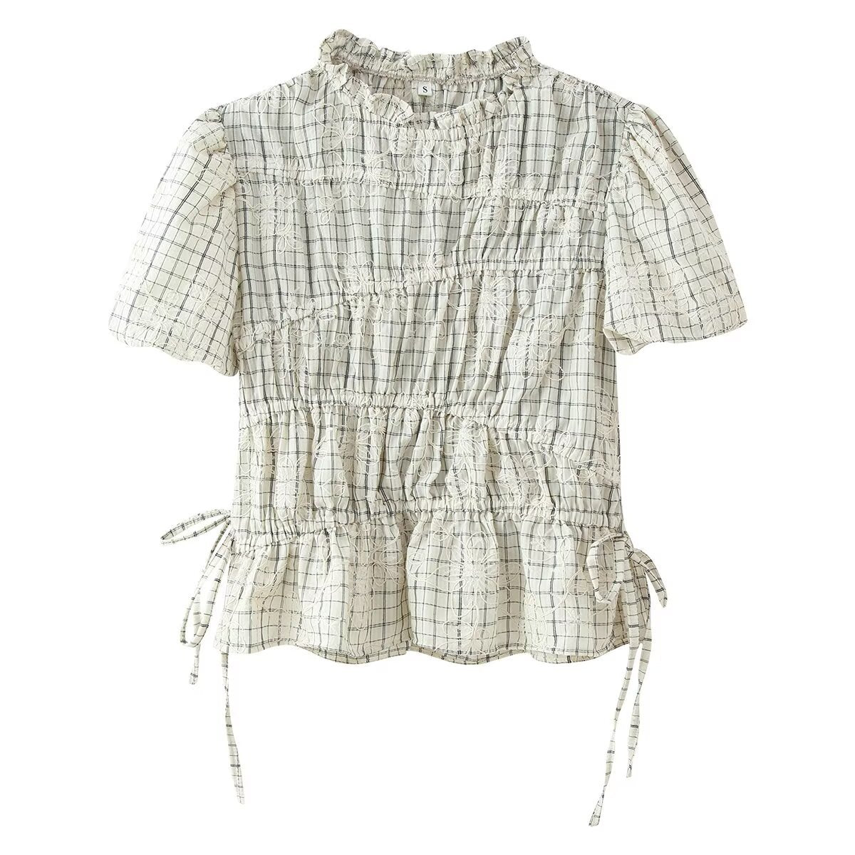 Front flat view white check grid floral hollow embroidery ruffle mock neck puff short sleeve side tie drawstring waist shirred ruffle hem slim crop blouse, elegant sweet casual vintage top