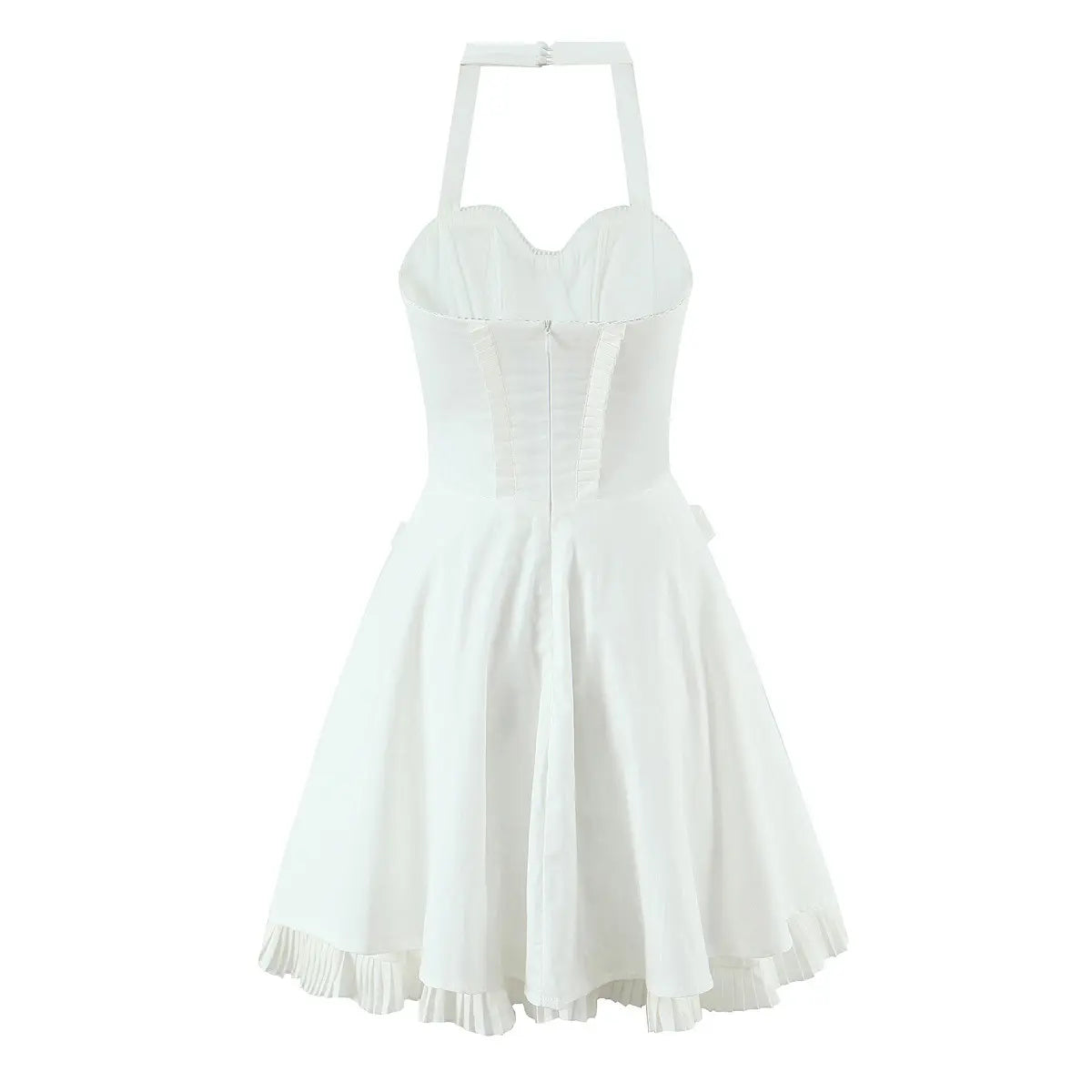 White halter corset mini dress, full back view on white background, showing the gathered bodice and halter strap