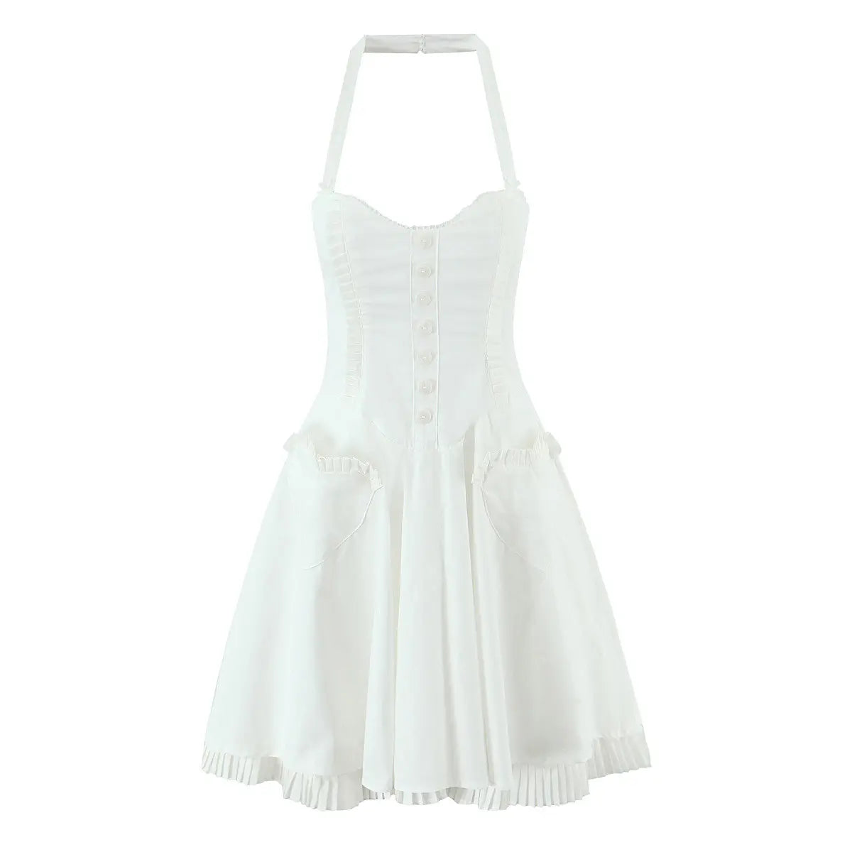 White halter mini dress with corset-style bodice, front view on plain white background