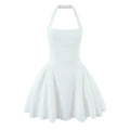 White halter mini dress, full front view on plain white background
