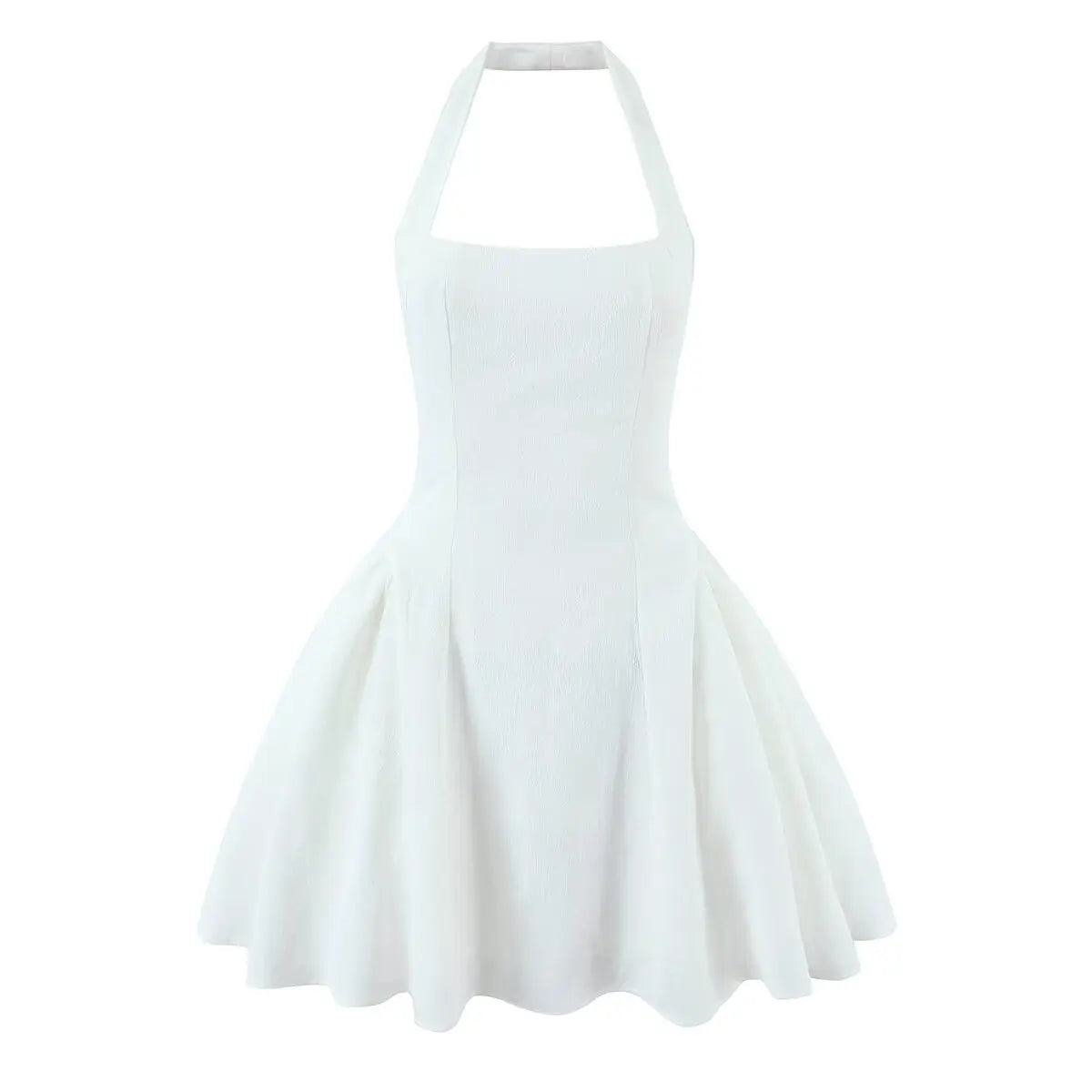 White halter mini dress, full front view on plain white background