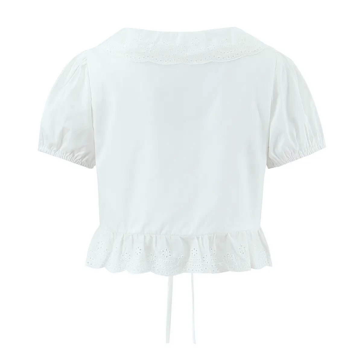 White keyhole crop top with lace trim, back view on white background