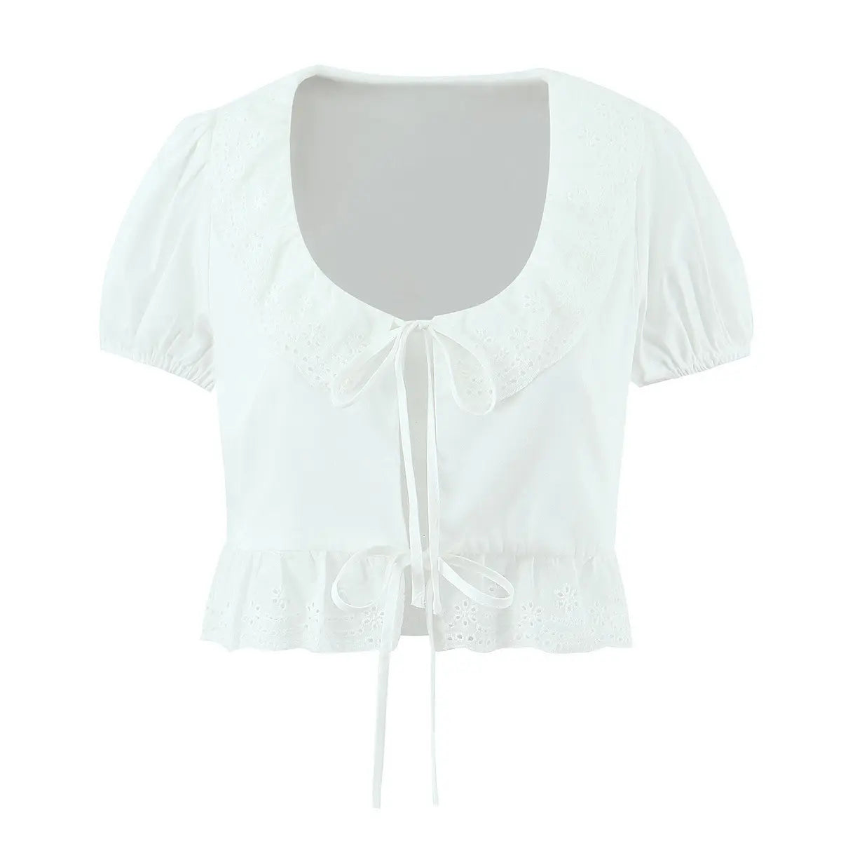 White keyhole front crop top with lace trim, front view on white background