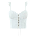 White lace cami corset top, back view on white background
