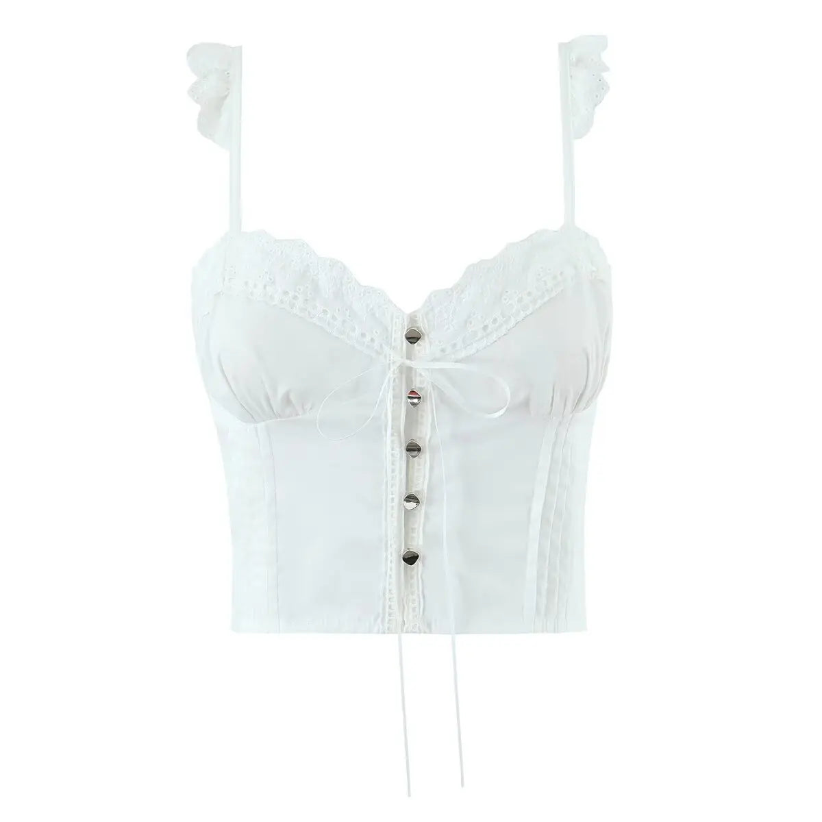 White lace cami corset top, back view on white background