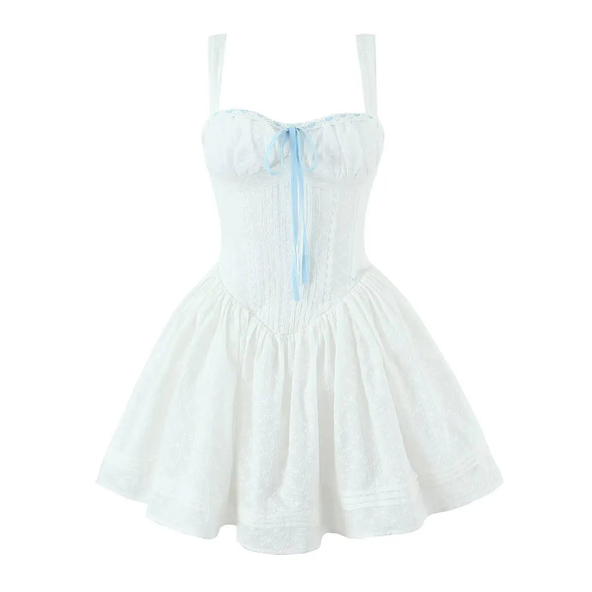 White lace cami mini dress with blue ribbon, full front view on plain white background