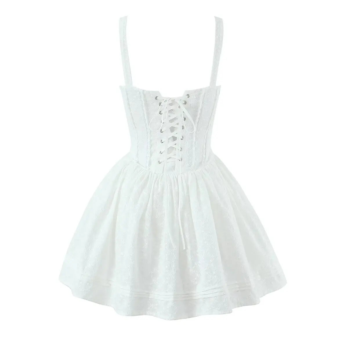 White lace cami dress with corset-style lace-up back, back view on white background