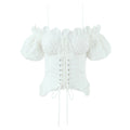 Women white lace embroidery off shoulder puff short sleeve lace up corset square neck slim fitted crop top, elegant romantic vintage blouse