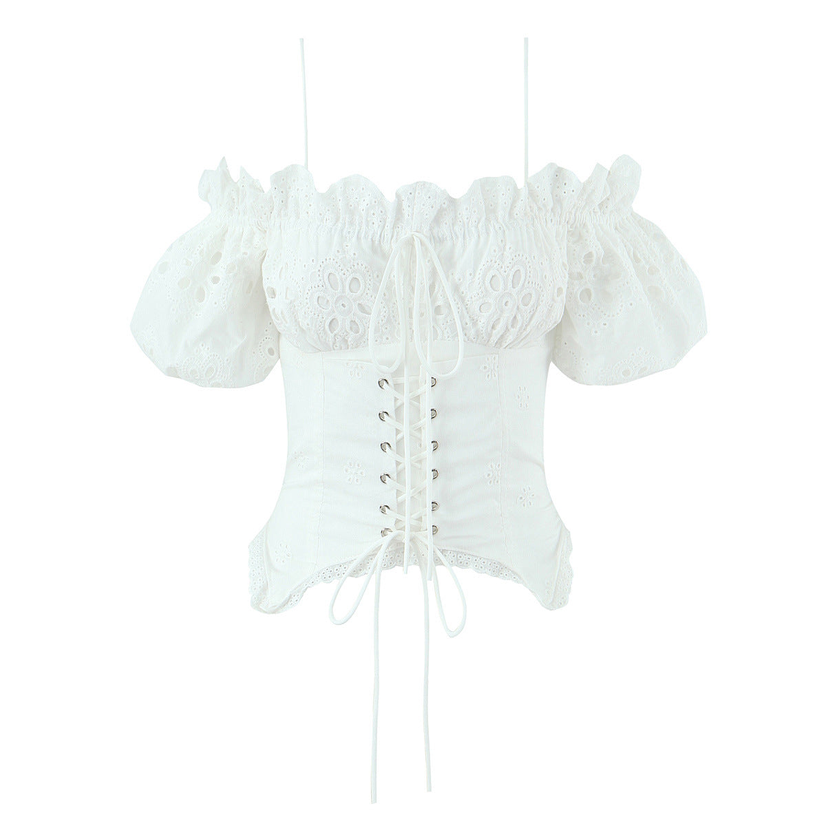 Women white lace embroidery off shoulder puff short sleeve lace up corset square neck slim fitted crop top, elegant romantic vintage blouse