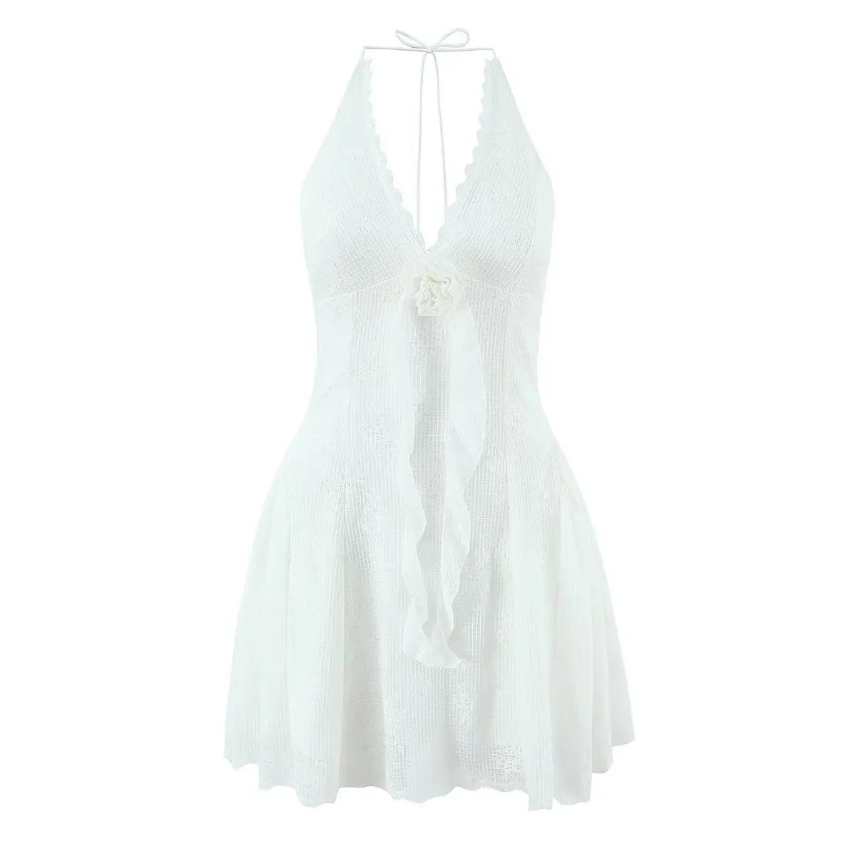 Front bodice detail of white lace halter mini dress