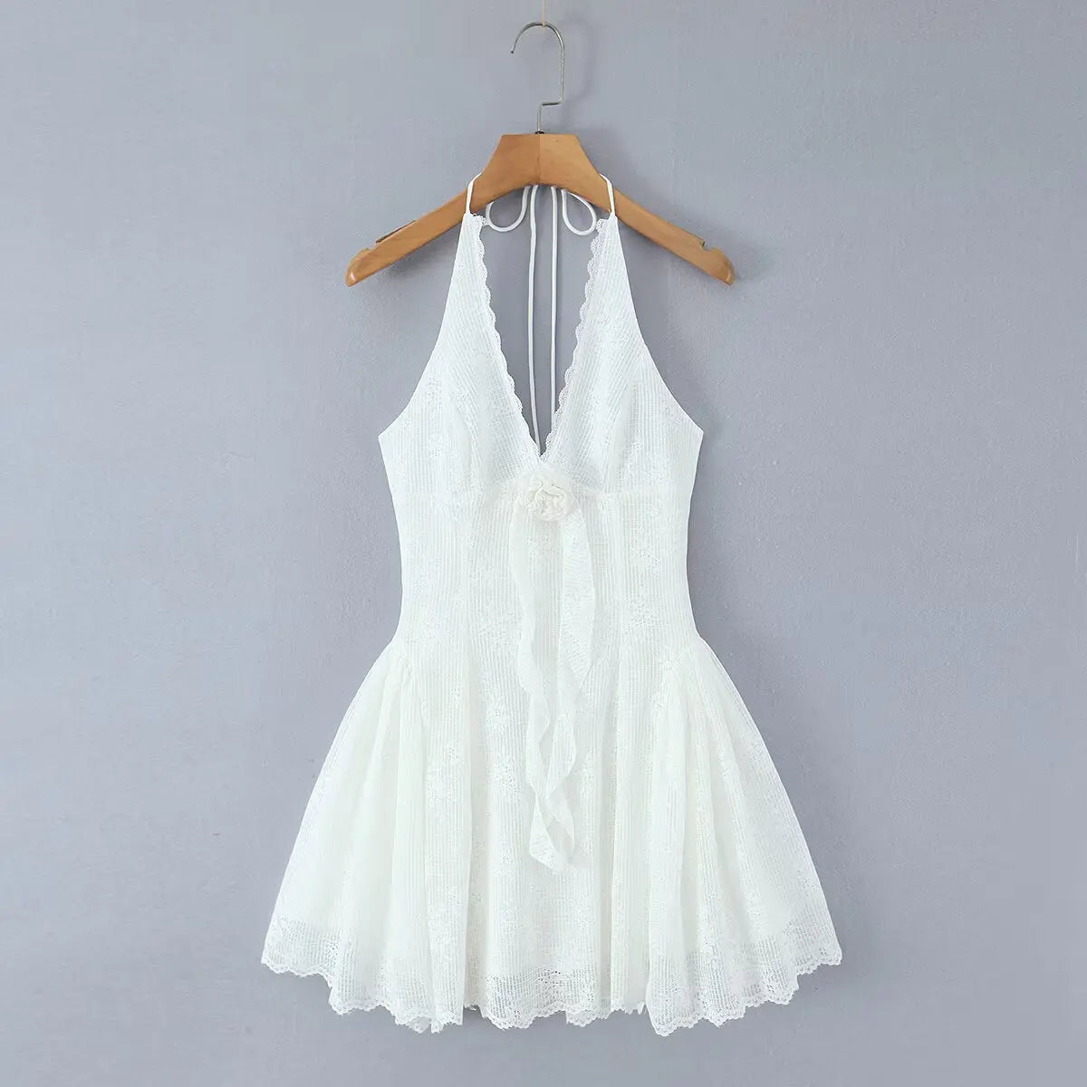 White lace halter mini dress, front view on white background