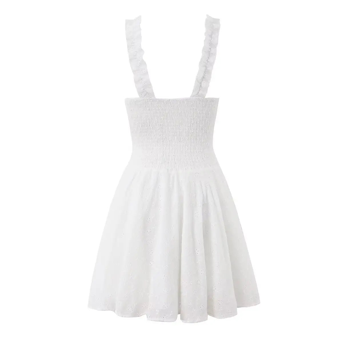 White lace sleeveless mini dress, back view on white background