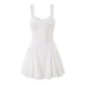 White lace sleeveless mini dress, front view on white background