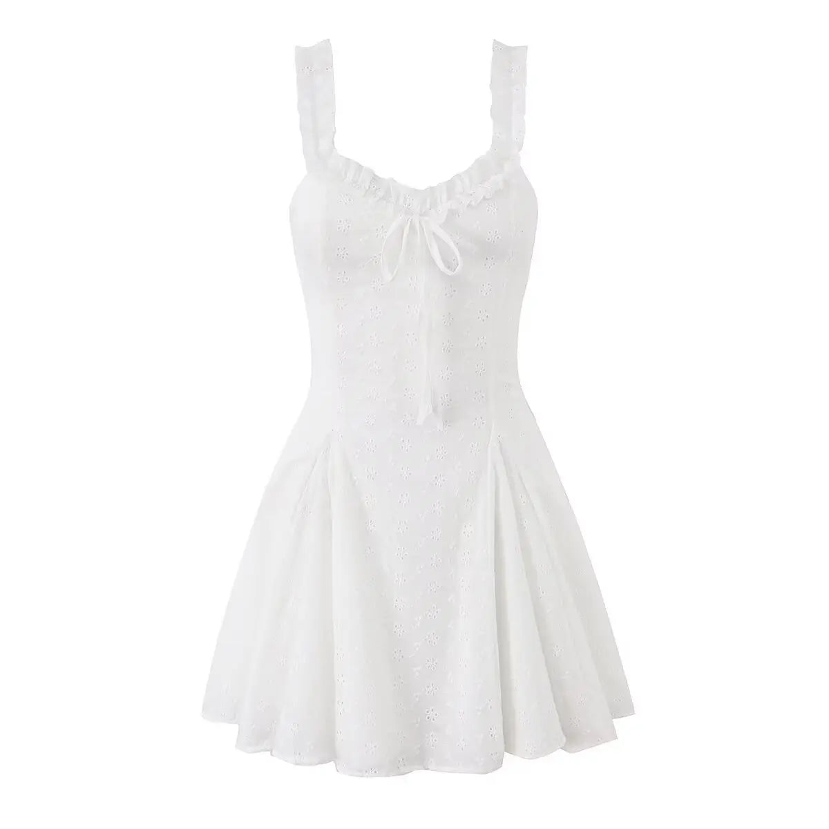 White lace sleeveless mini dress, front view on white background