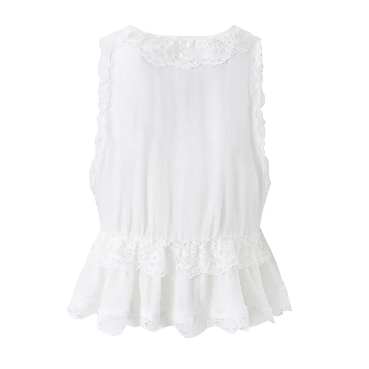White lace V-neck peplum top, back view on white background
