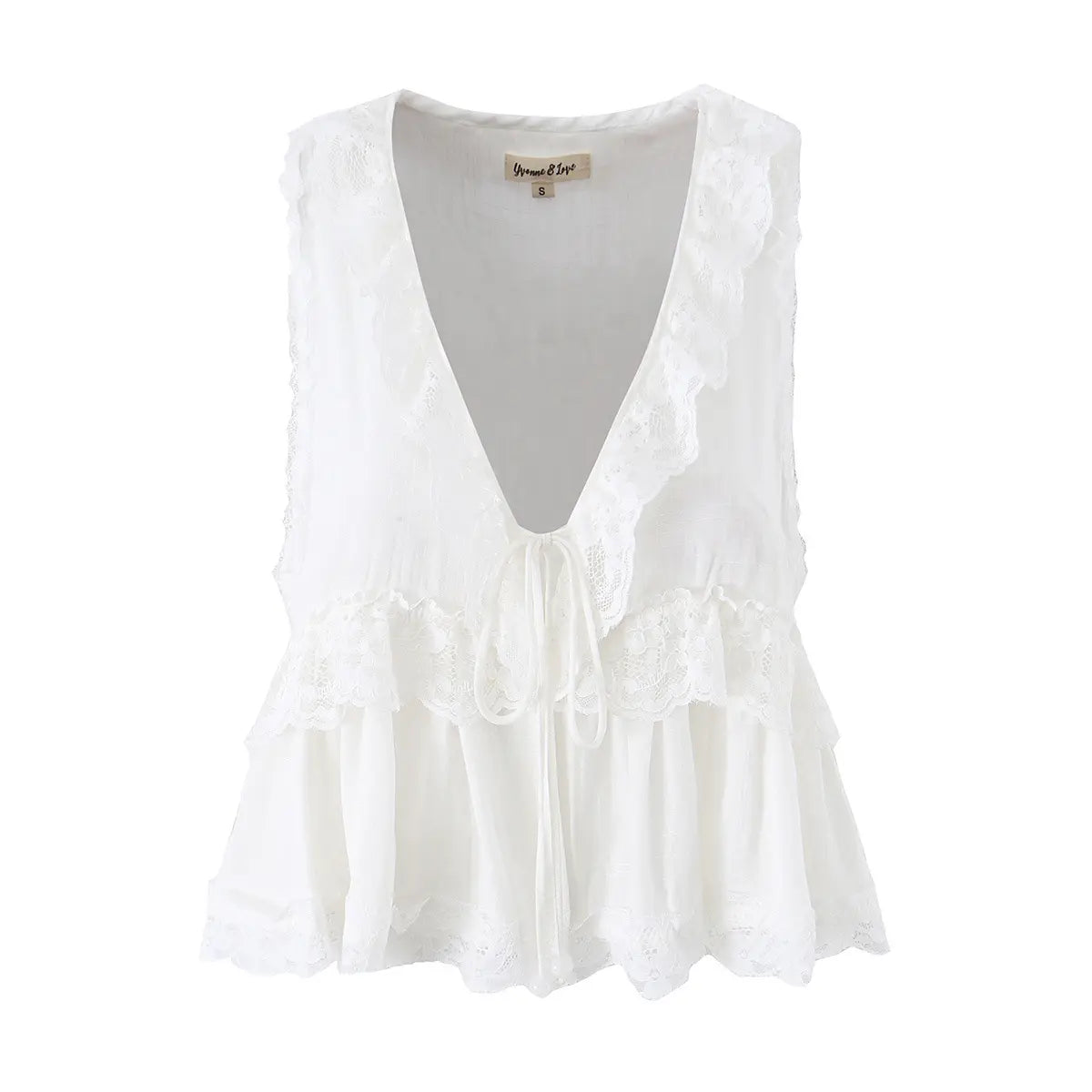 White lace V-neck peplum top, front view on white background