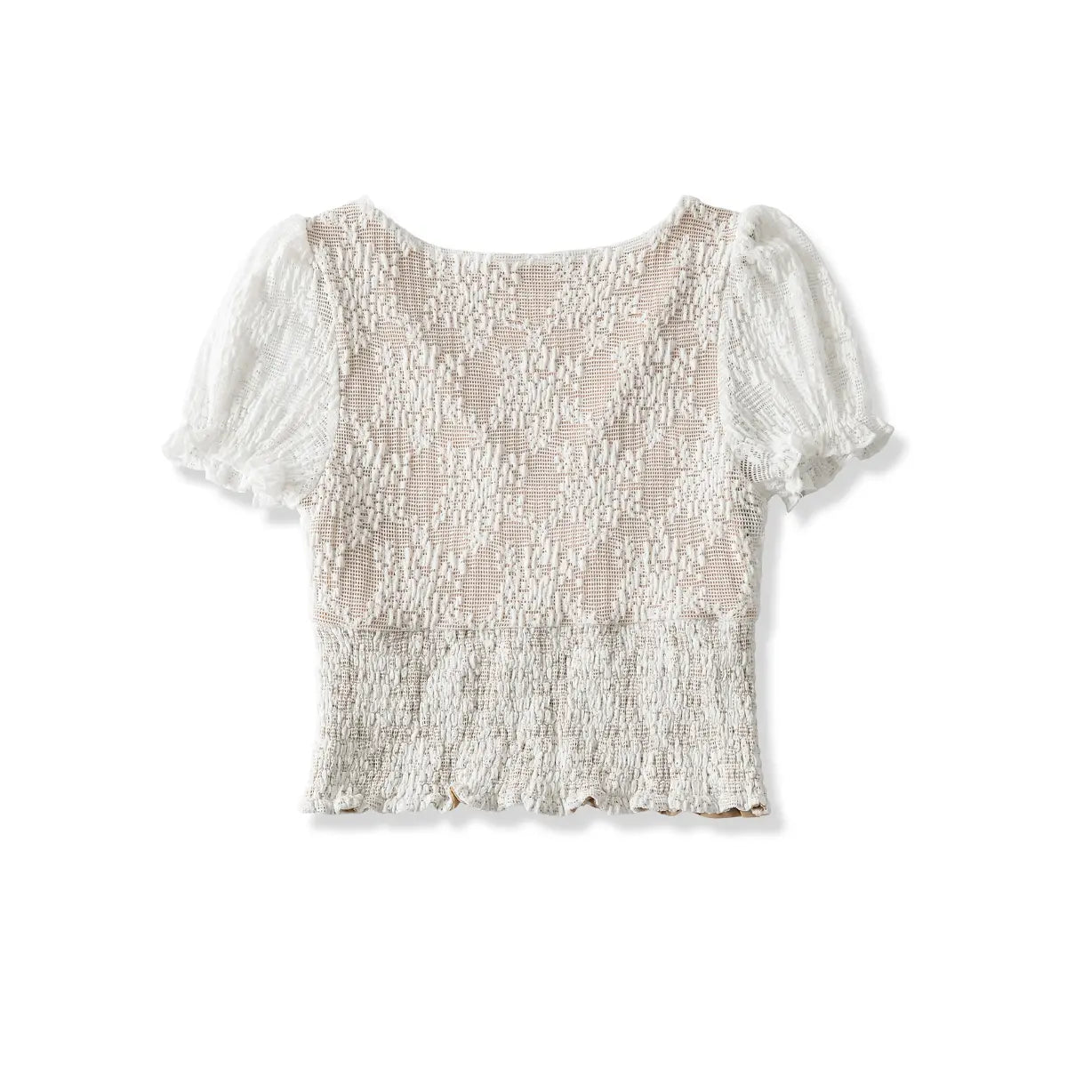 White lace puff sleeve top, back view on white background