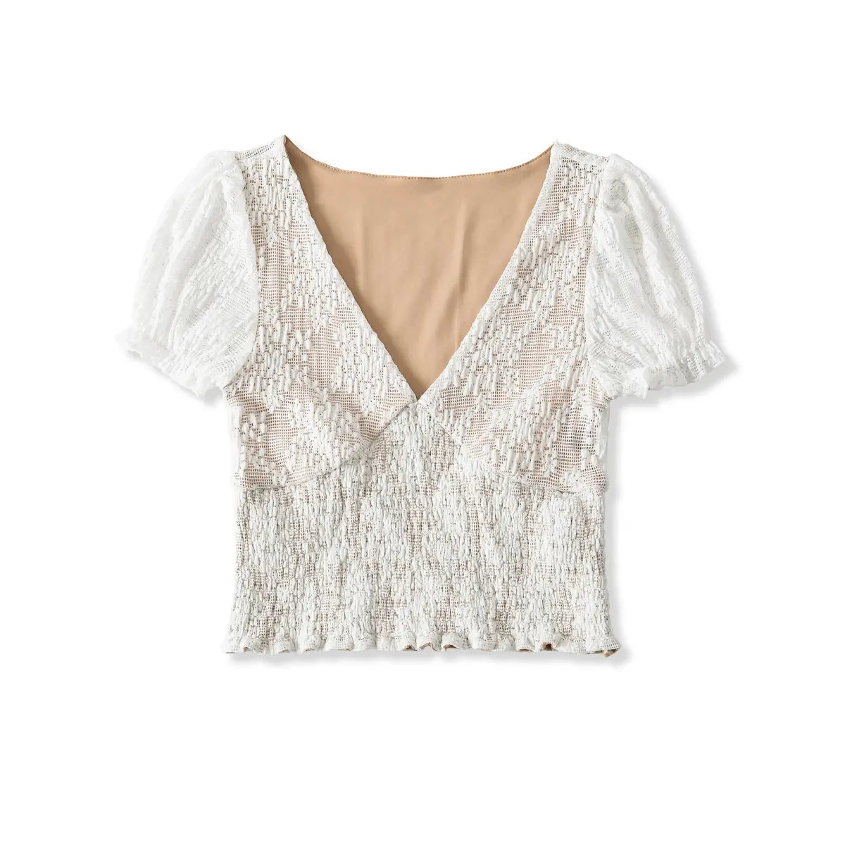 White lace puff sleeve top, front view on white background