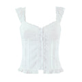 Front flat view white lace ruffle strap button-front cropped tank top, vintage-inspired women's camisole