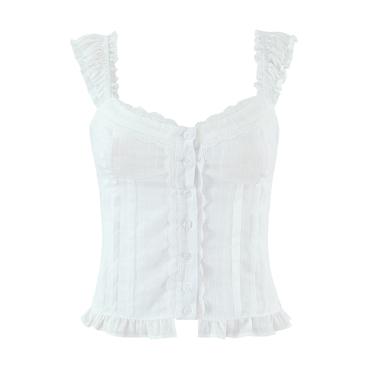 Front flat view white lace ruffle strap button-front cropped tank top, vintage-inspired women's camisole