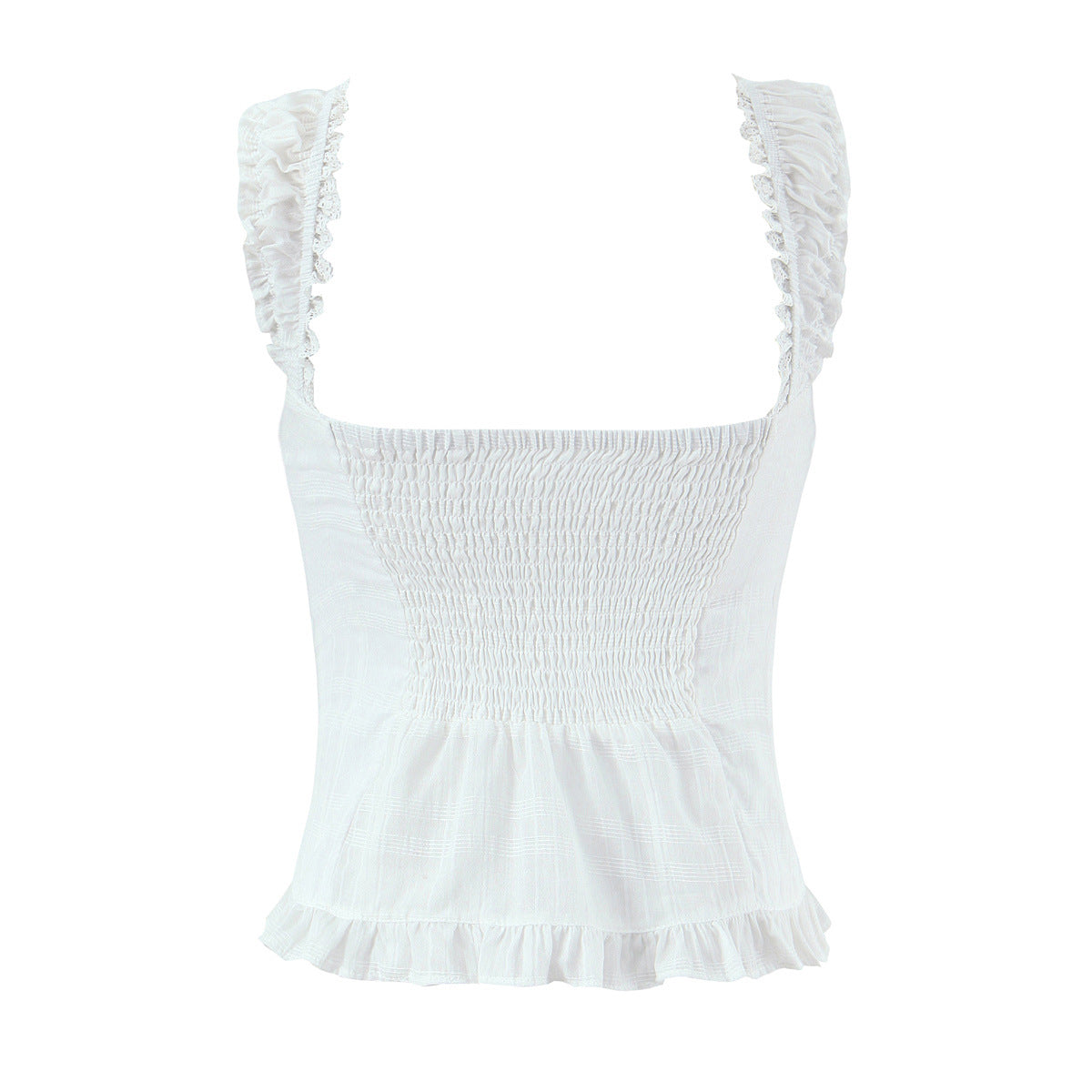 Back flat view white lace ruffle strap cropped tank top with smocked back, women's romantic casual camisole