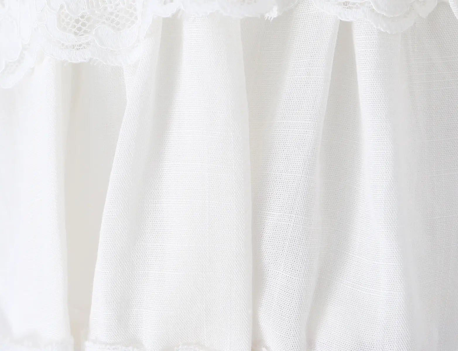 Close-up of the lightweight, textured fabric and ruffled layers on the white top