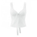 Front flat view white lace-trimmed bow-front sleeveless tank top with tie-back detail, women's fitted camisole