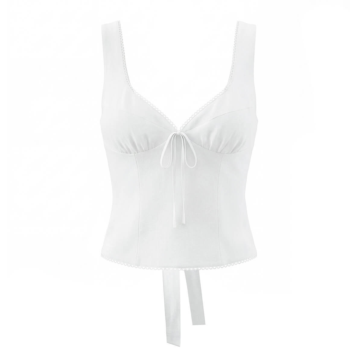 Front flat view white lace-trimmed bow-front sleeveless tank top with tie-back detail, women's fitted camisole