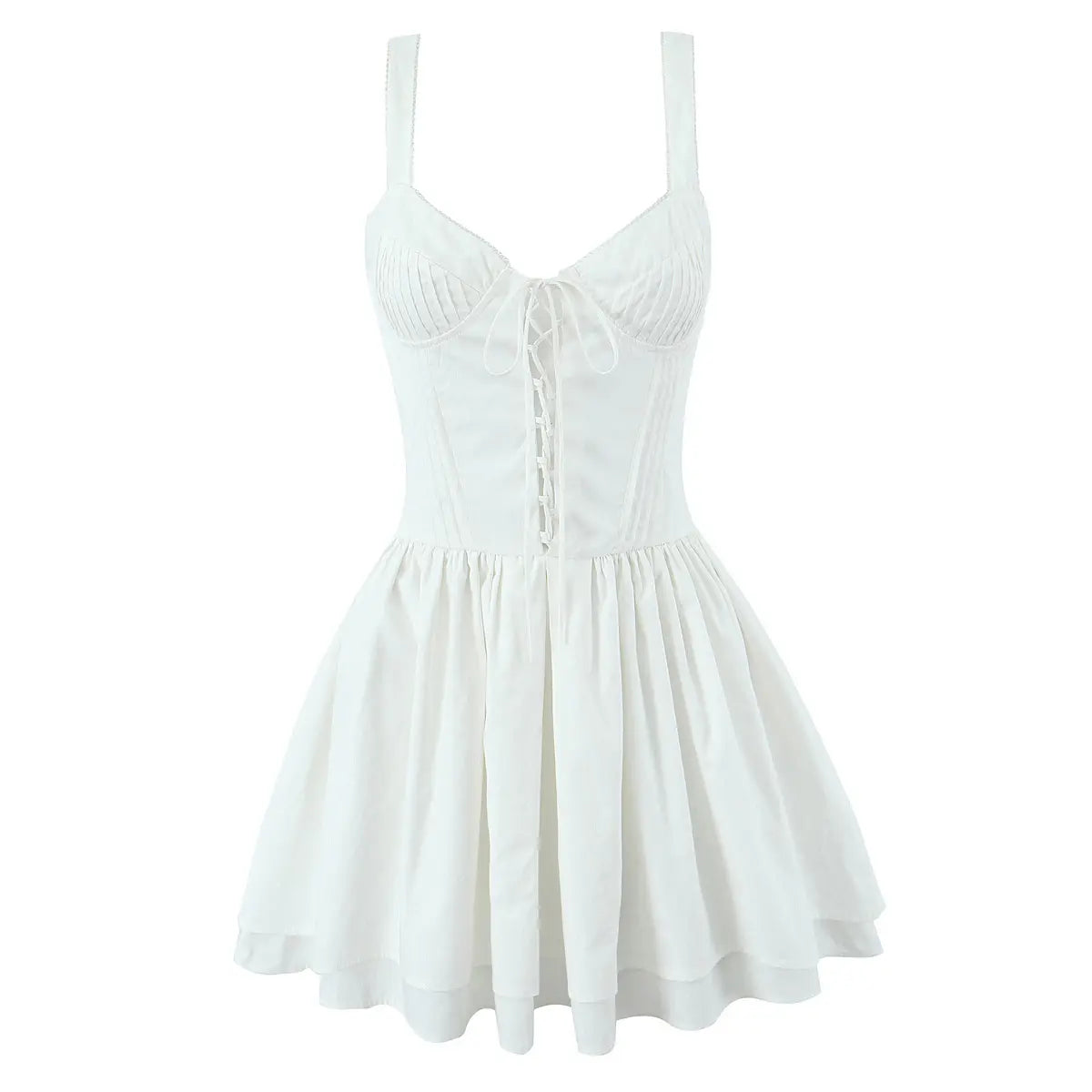 Front view of white lace-up corset cami dress