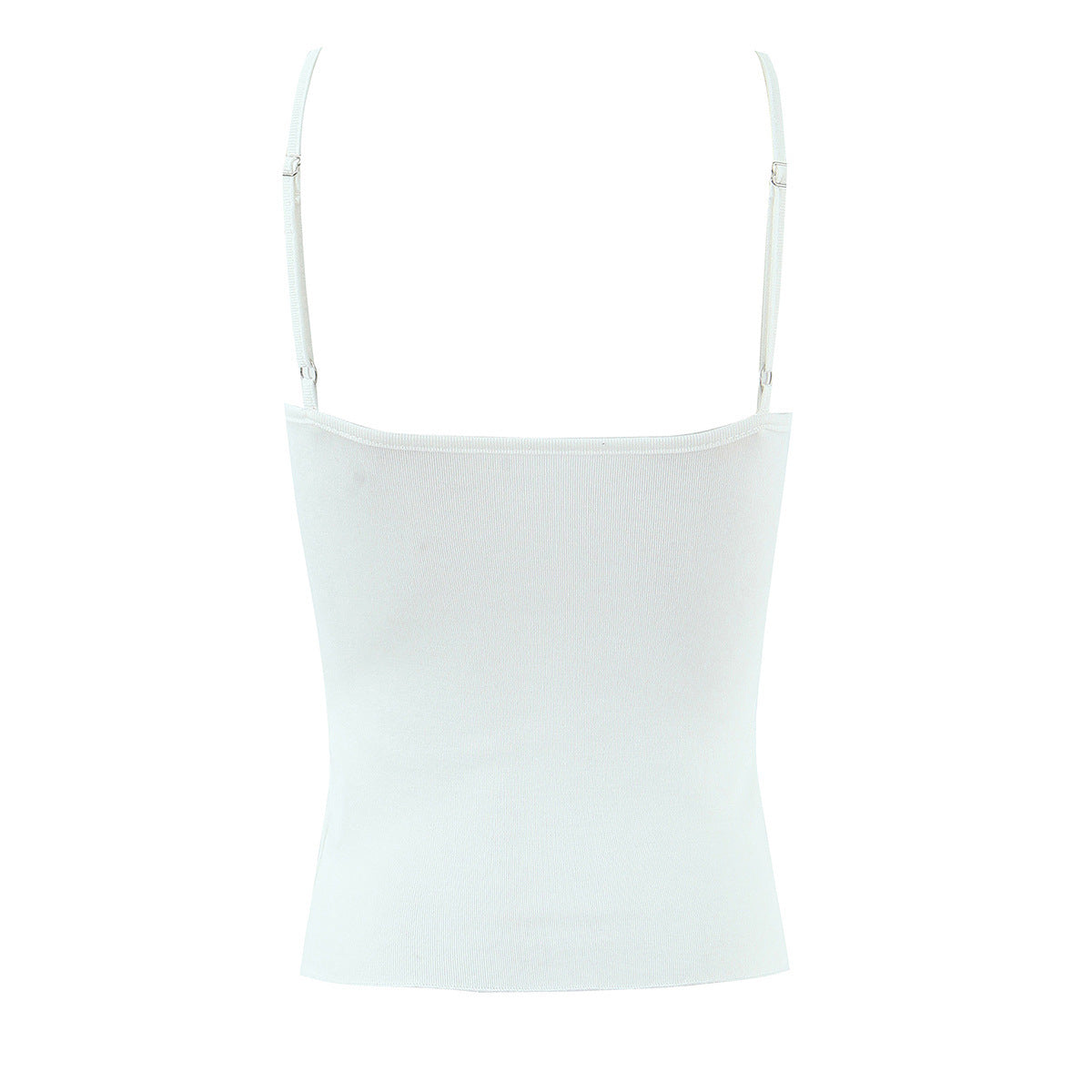 Back flat view white adjustable thin strap solid cotton slim fitted crop cami tank top, casual y2k basic blouse