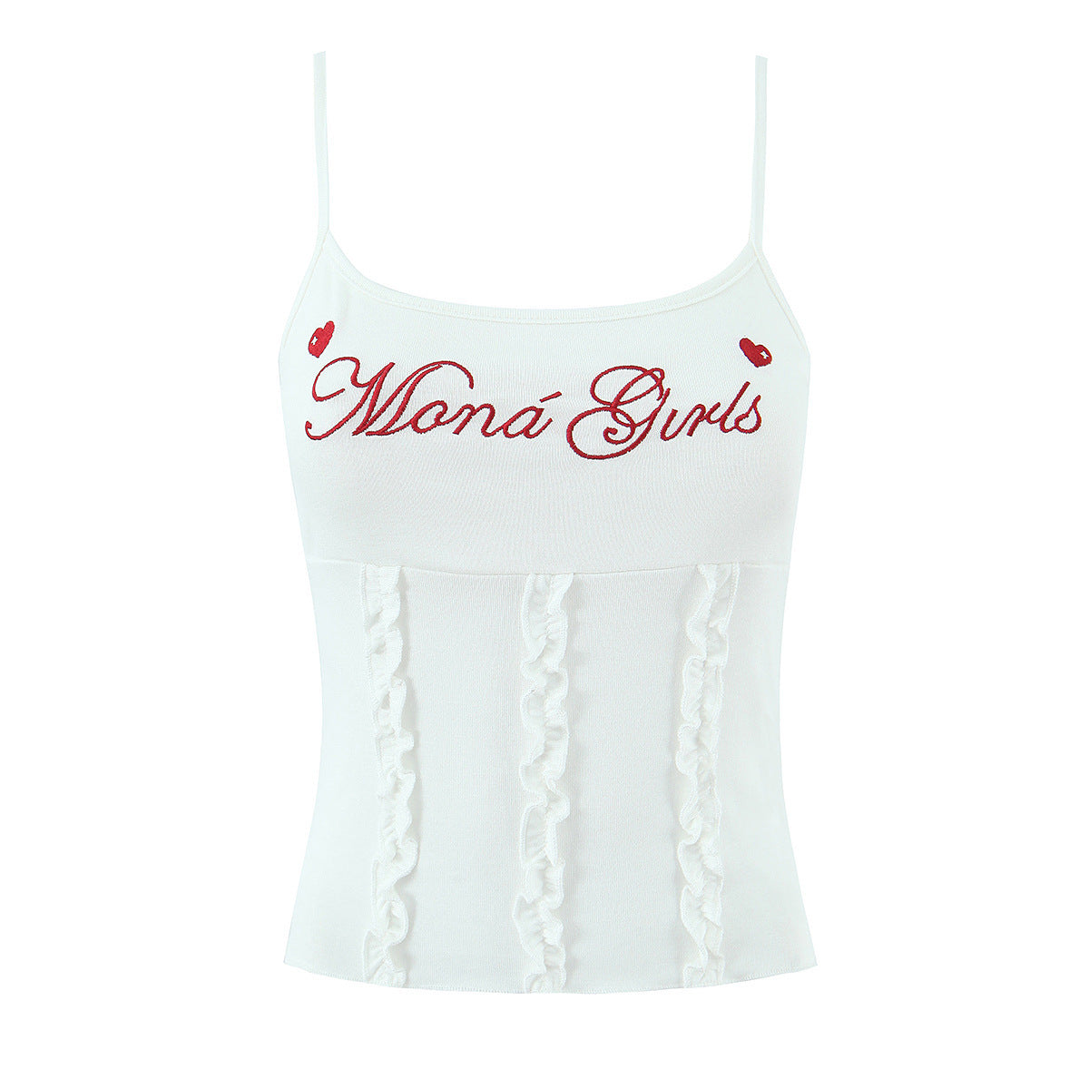 Front flat view white Mona Girls red letter heart embroidery frill square neck adjustable strap cotton slim crop cami top, casual y2k romantic blouse