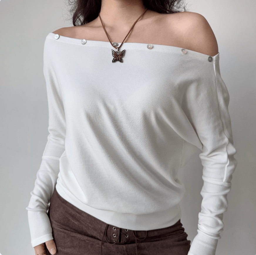 Women white pearl button off shoulder batwing long sleeve casual crop top, loose slouchy soft knit elegant vintage fitted blouse