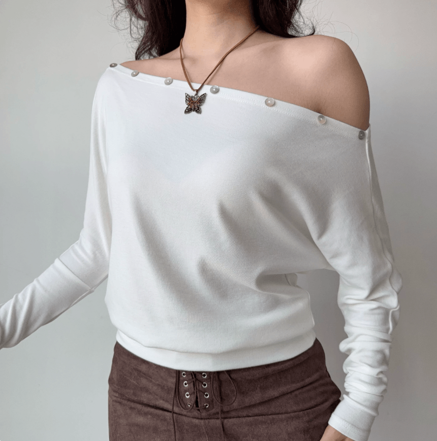 Women white off shoulder pearl button neckline batwing sleeve crop top, loose slouchy soft knit elegant casual vintage blouse