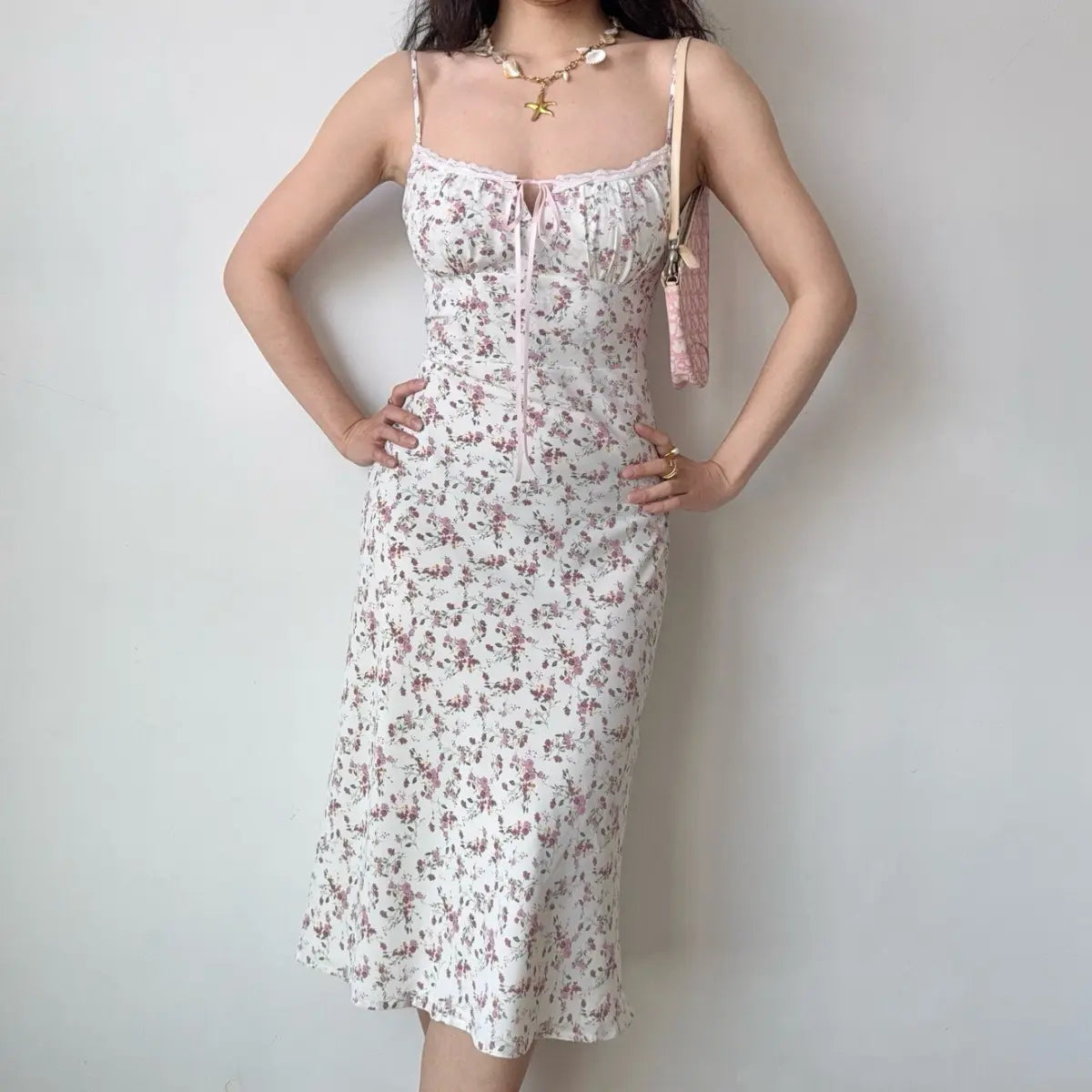 Full front view of white pink floral midi dress