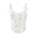 Women white pink purple floral lace trim bow strap corset slim fitted crop cami top, polyester elegant romantic vintage blouse
