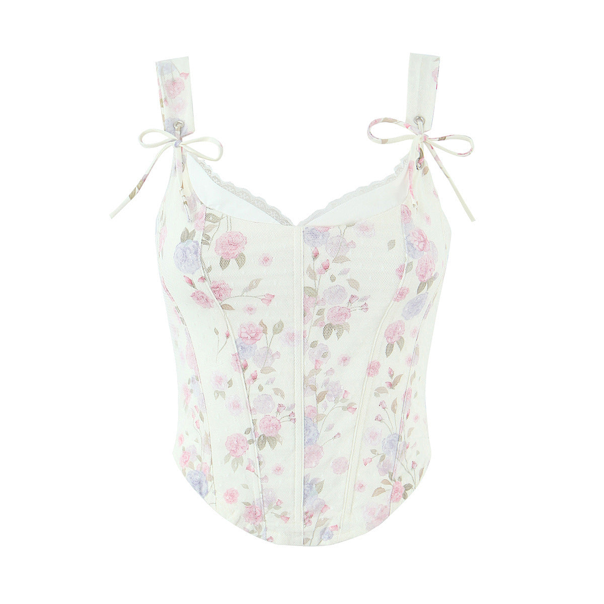 Women white pink purple floral lace trim bow strap corset slim fitted crop cami top, polyester elegant romantic vintage blouse