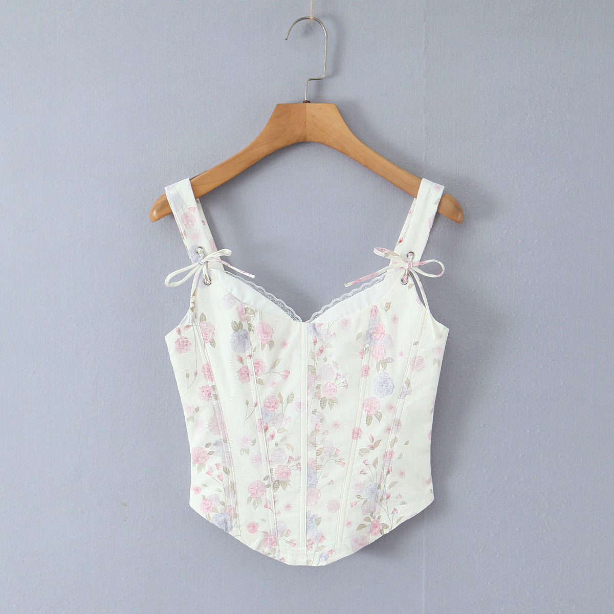 Front hang view white vintage floral lace scallop neck bow strap corset slim crop cami top, elegant romantic casual blouse